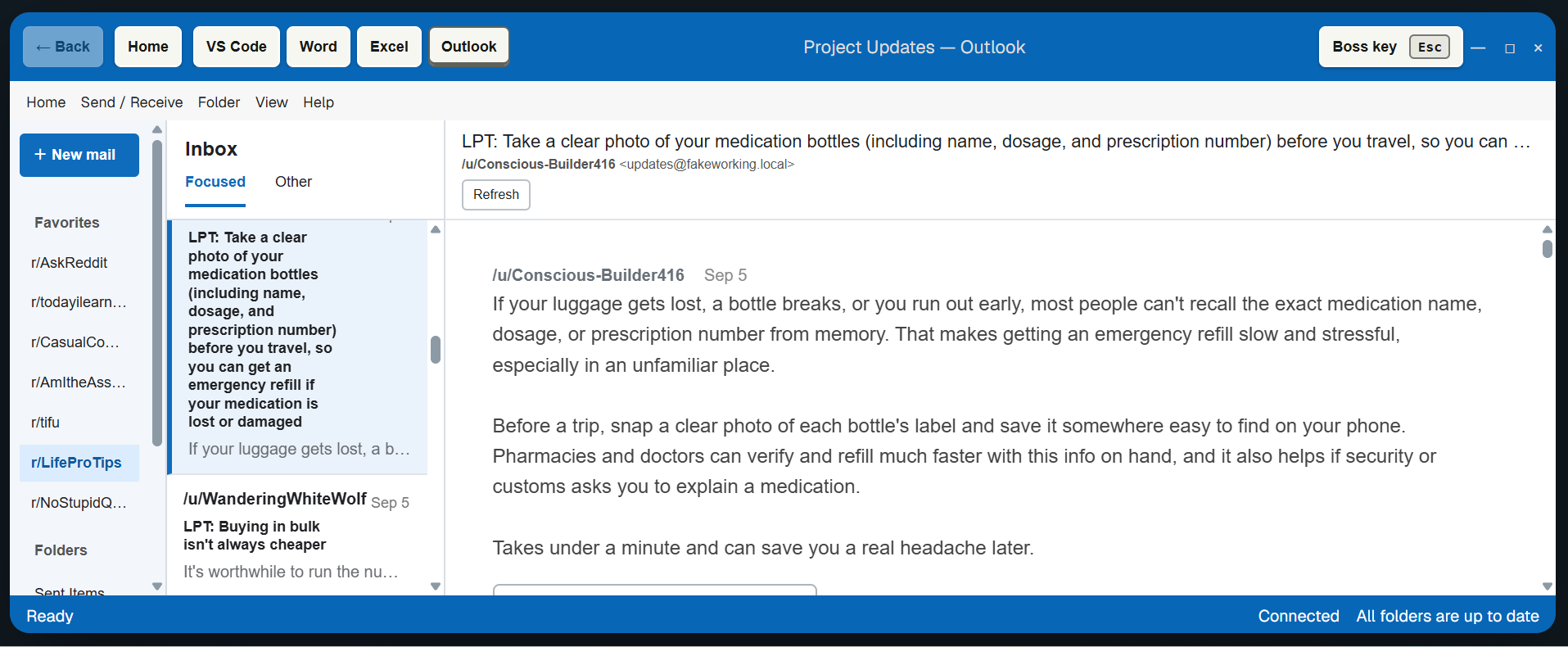 Public Reddit posts and a selected LifeProTips thread displayed in a FakeWorking Outlook-style inbox