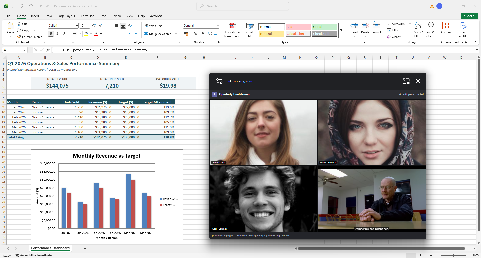 A YouTube video playing inside a floating meeting window above a realistic Excel worksheet